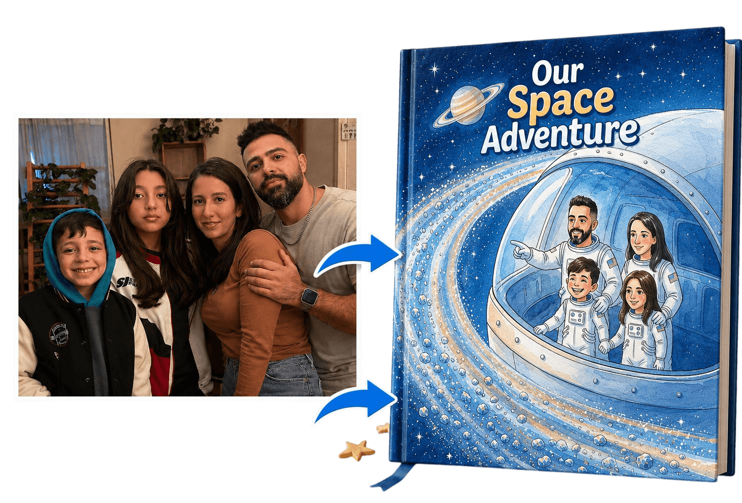 Collection of custom generated storybooks featuring real kids
